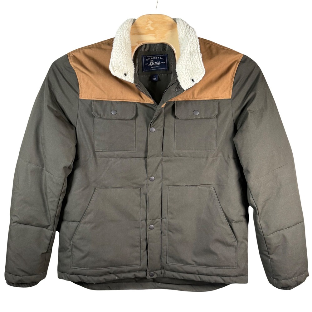 G.H. Bass Sherpa Collar Puffer Jacket Mens Large Green Tan Colorblock Canvas